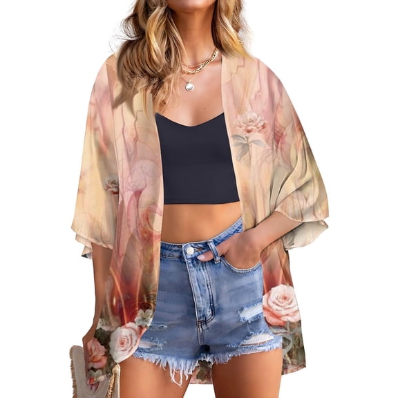 bbyeadc Lightweight Chiffon Cardigans 3/4 Sleeve Cardigans for Women Open Front Shrug Cardigan Ethnic Floral Dressy Draped Duster Cardigans, Complexion 2XL