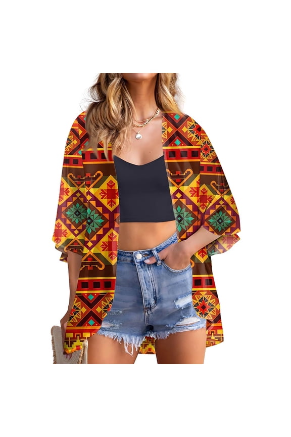 Lightweight Chiffon Cardigans for Women 3/4 Sleeve Kimonos for Women Plus Size Open Front Shrug Cardigan Ethnic Floral Dressy Casual Cute Duster Cardigans, Vermilion XL