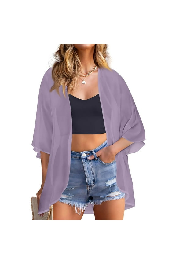Lightweight Duster Top 3/4 Sleeve Lightweight Chiffon Cardigans for Women Open Front Shrug Cardigan Solid Color Dressy Casual Thin Cardigans, Purple XL