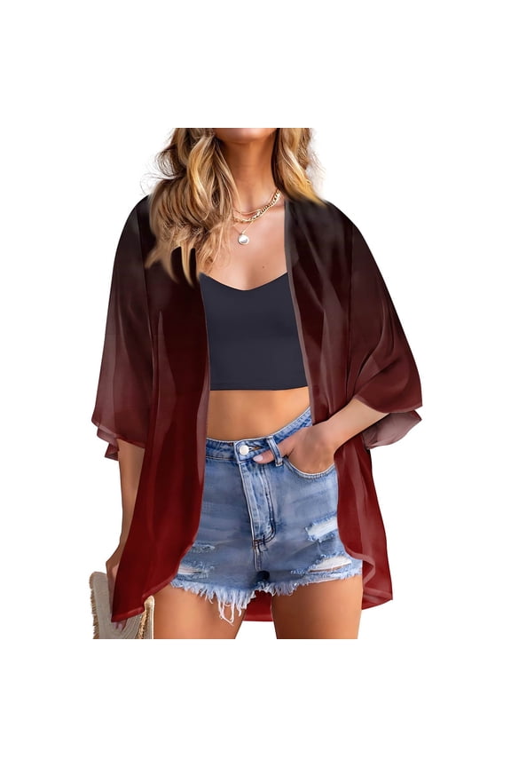 Lightweight Spring Kimonos 3/4 Sleeve Lightweight Chiffon Cardigans for Women Open Front Shrug Cardigan American Flag Print Dressy Casual Cute Thin Cardigans, Wine XL