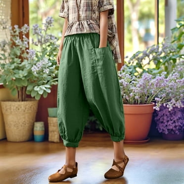 bbyeadc Linen Capri Pants for Women Dressy Casual Plus Size Shorts Knee Length Elastic Waist Trendy Summer Knee Length Shorts with Pockets, Green S