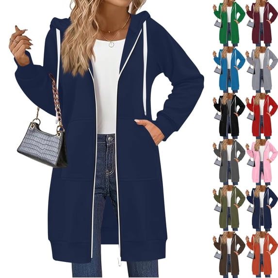 bbyeadc Long Hoodies for Women Oversized Zip Up Hoodie Women Casual Lightweight Long Jackets Fashion Fleece Hoodie Sweatshirt Jacket with Pockets, Navy L