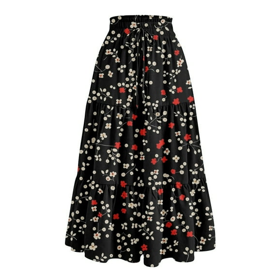 bbyeadc Long Skirts for Women Tiered Elastic High-Waist Long Skirt Comfy Drawstring Summer Vacation Skirt Trendy Pleated Bohemian Skirts Women Midi Length, Red M