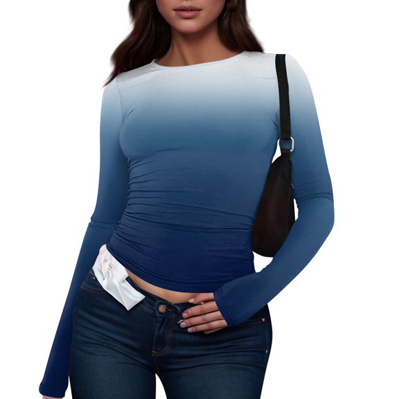 bbyeadc Long Sleeve Shirts for Women Y2k Gradient Going Out Tee Shirts Spring Fall Winter Round Neck Strechy Fitted Clothes Pullover, Dark Blue M