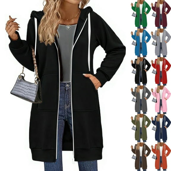 bbyeadc Long Zip Up Hoodies Women Oversized Long Jackets Casual Lightweight Zip Up Hoodie Women Winter Jacket Coat Fashion Fleece Jacket with Pockets, Black L