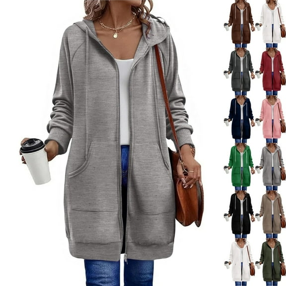 bbyeadc Long Zip Up Hoodies Women Oversized Zip Up Hoodie Women Casual Lightweight Long Jackets Fashion Fleece Hoodie Winter Jacket Coat with Pockets, Gray 2XL