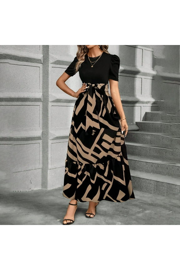 Maxi Dresss for Women Tiered Ruffle Short Sleeve Boho Maxi Dress Comfy Tie Belt Summer Vacation Dress Casual Patchwork Floral Dresss Women Midi Length, Brown 2XL