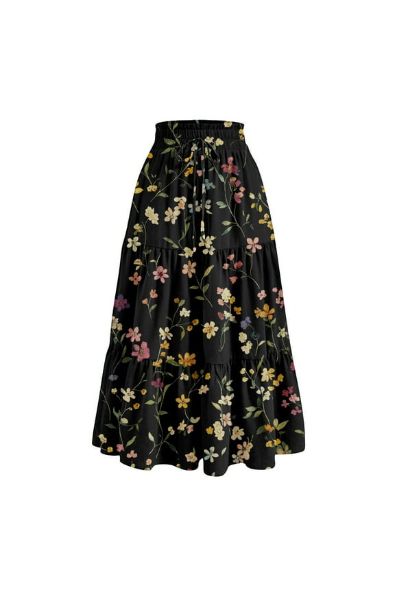 Maxi Skirts for Women Summer Tiered Elastic High Waisted Long Skirt Flowy Swing Drawstring Pleated Skirts Women Midi Length Trendy Bohemian Beach Skirt, Black L