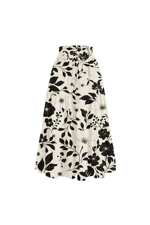 Maxi Skirts for Women Tiered Elastic High Waisted Floral Skirt Comfy Drawstring Spring Holiday Skirt Trendy Pleated Floral Skirts Women Midi Length, Beige L