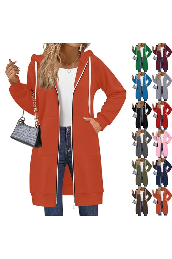 Orange Long Hoodies for Women Oversized Long Tunic Sweatshirts Casual Lightweight Zip Up Hoodie Women Hooded Sweatshirt Fashion Fleece Jacket with Pockets, Orange XL