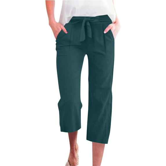 bbyeadc Pedal Pushers for Women Bermuda Shorts Knee Length Trendy Summer High Waisted Gauze Pants Dressy Casual Linen Capris with Pockets, Dark Green L