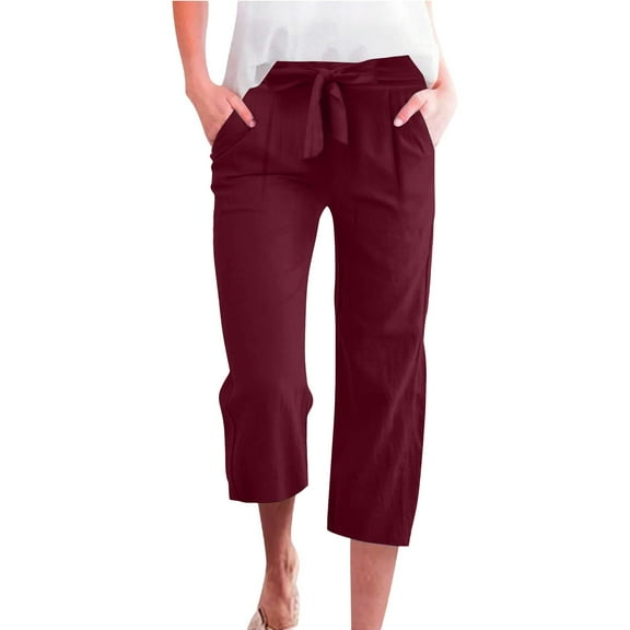 bbyeadc Pedal Pushers for Women Linen Capri Pants Dressy Casual Knee Length Elastic Waist Plus Size Shorts Trendy Summer Linen Capri Pants with Pockets, Wine S