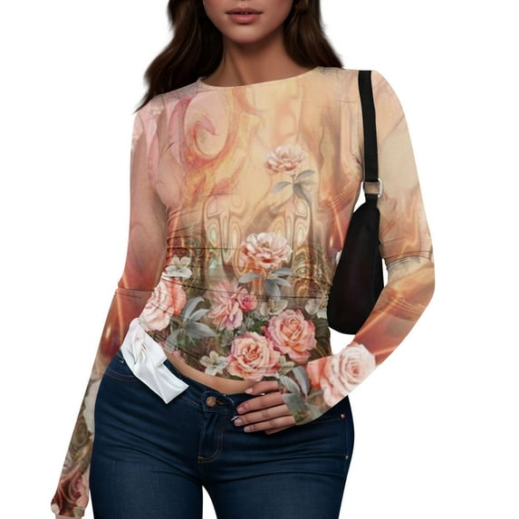 bbyeadc Pink Long Sleeve Shirts for Women Casual Floral Print Going Out Tops Spring Fall Winter Round Neck Strechy Tight Clothes Pullover, Pink L