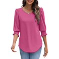thumbnail image 1 of bbyeadc Pink Tops for Women Round Neck Smocked Cuff Ruched Shirts Three Quarter Sleeve Dressy Casual Loose Fit Basic Trendy Tops Summer Basic Business Casual Blouses, Hot Pink 2XL, 1 of 7