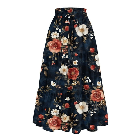bbyeadc Pleated Skirts for Women Tiered Elastic High Waisted Floral Skirt Flowy Swing Drawstring Summer Holiday Skirt Casual Pleated Bohemian Skirts Women Midi Length, Dark Blue L