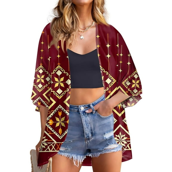 bbyeadc Plus Size Kimono and Dusters 3/4 Sleeve Summer Chiffon Cardigans for Women Lightweight Open Front Shrug Cardigan Floral Dressy Casual Soft Cardigan Capes, Wine XL
