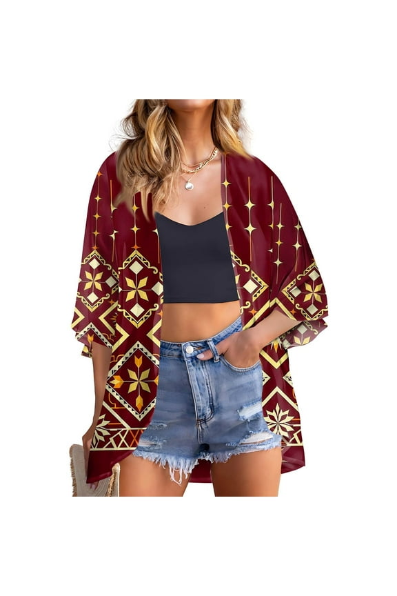 Plus Size Kimono and Dusters 3/4 Sleeve Summer Chiffon Cardigans for Women Lightweight Open Front Shrug Cardigan Floral Dressy Casual Soft Cardigan Capes, Wine XL