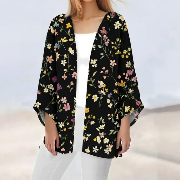 bbyeadc Plus Size Lightweight 3/4 Sleeve Cardigan 3/4 Sleeve Women's Cardigans Open Front Shrug Cardigan Ethnic Floral Print Dressy Casual Soft Coat Jacket, Pink L