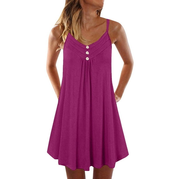 bbyeadc Plus Size Summer Dresses for Women Curved Hem Spaghetti Strap Dress Casual Button V Neck Ruched Front Swimsuit Cover Up (Hot Pink, S)