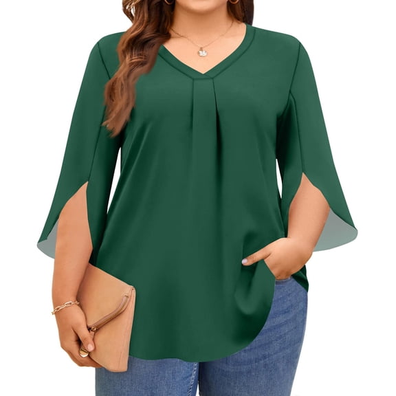 bbyeadc Plus Size Tops for Women Casual V Neck 3/4 Sleeve Tshirts Fashion Ruched Split Cuff Oversized Summer Clothes L-5XL Light Flowy Blouse, Dark Green 3XL