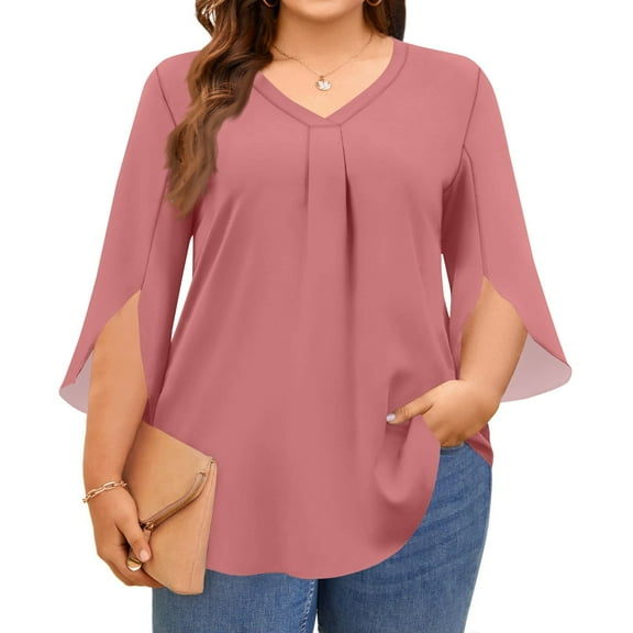 bbyeadc Plus Size Tops for Women Casual V Neck 3/4 Sleeve Tunic Blouses Fashion Pleated Ruffle Cuff Oversized Summer Clothes L-5XL Light Flowy Blouse, Pink 3XL