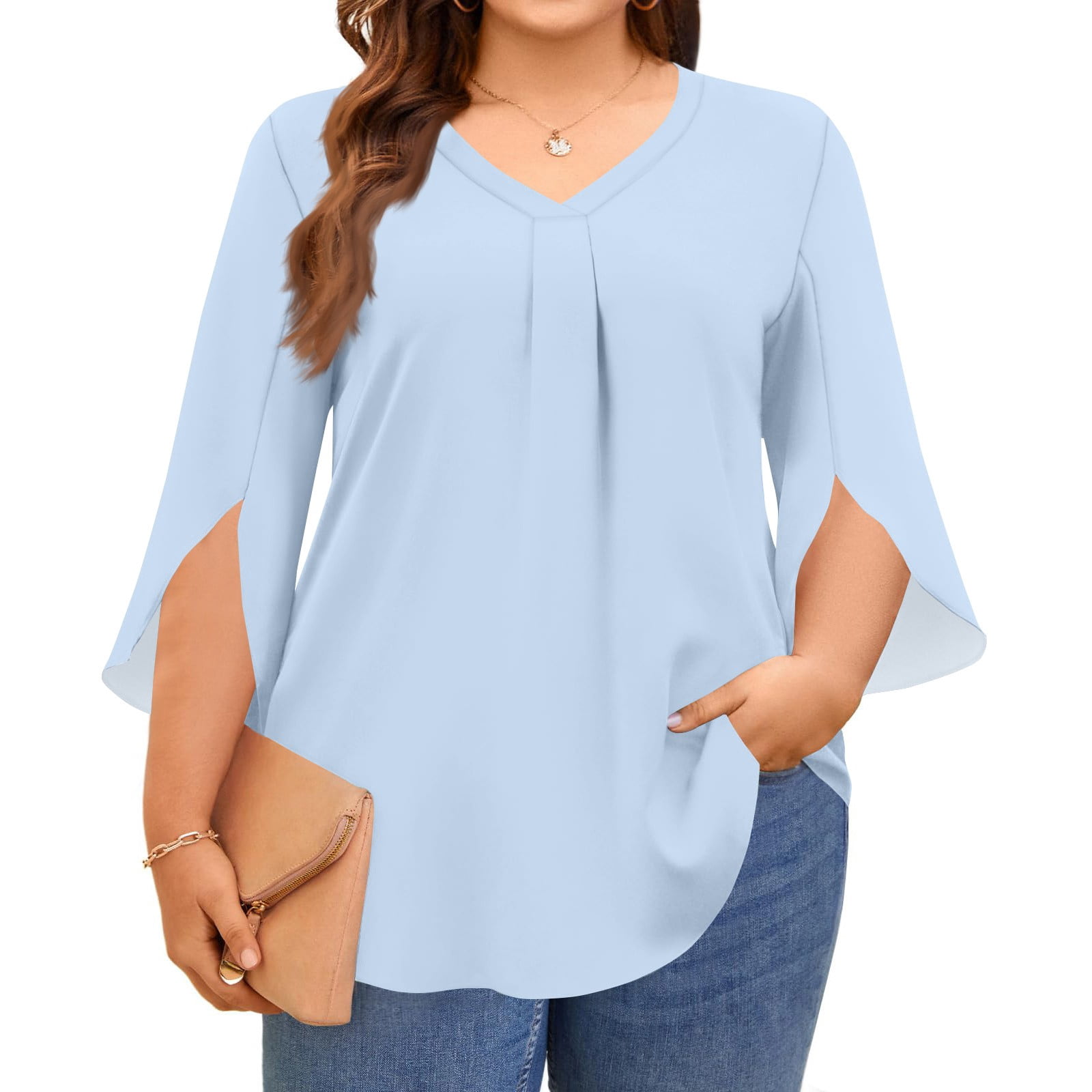 bbyeadc Plus Size Tops for Women Casual V Neck 3/4 Sleeve Tunic Blouses ...