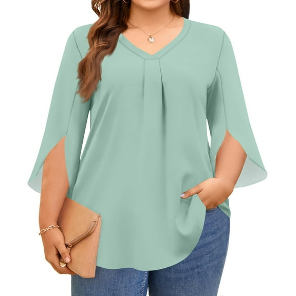 bbyeadc Plus Size Women Blouses Casual V Neck 3/4 Sleeve Tunic Blouses Fashion Ruched Ruffle Cuff Oversized Summer Clothes L-5XL Light Baggy Top, Mint Green 5XL