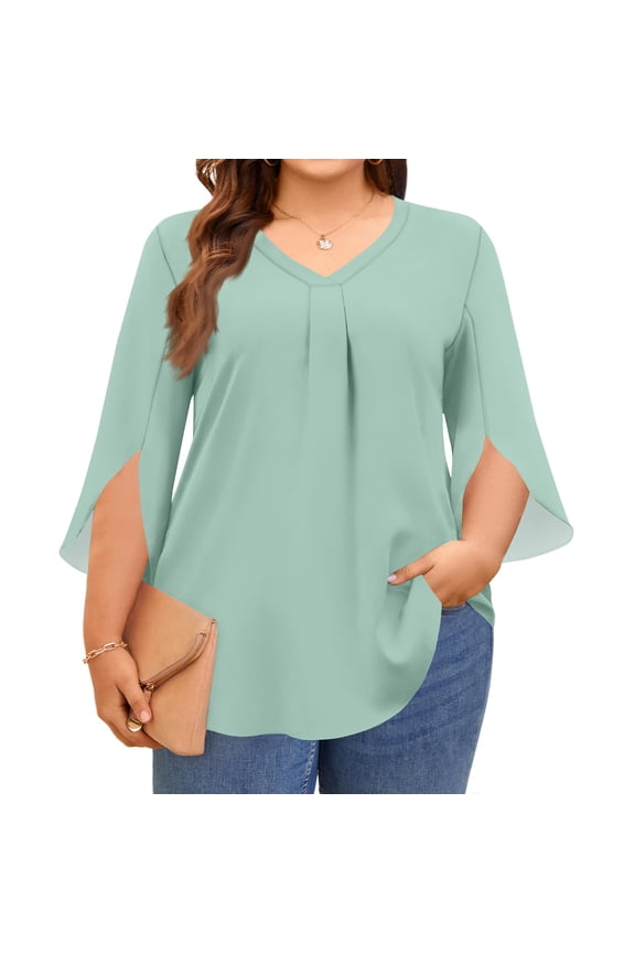 Plus Size Womens Green Shirts Pleated Ruffle Cuff 3/4 Sleeve Tee Tops Casual V Neck Oversized Summer Clothes L-5XL Dressy Light Loose Baggy Shirt, Mint Green XL