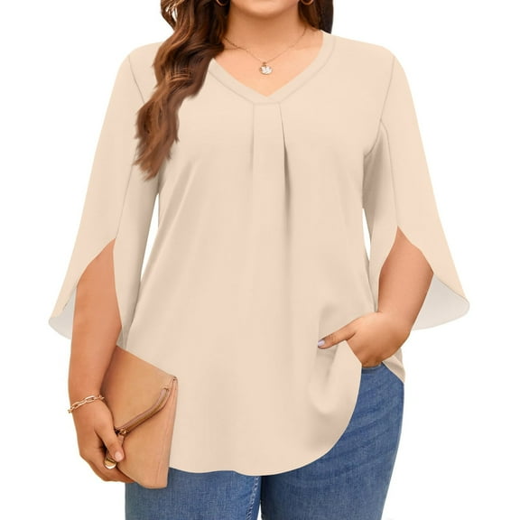 bbyeadc Plus Size Womens Tops Ruched Split Cuff 3/4 Sleeve Tunic Blouses Casual V Neck Oversized Summer Clothes L-5XL Dressy Light Loose Baggy Top, Khaki 5XL