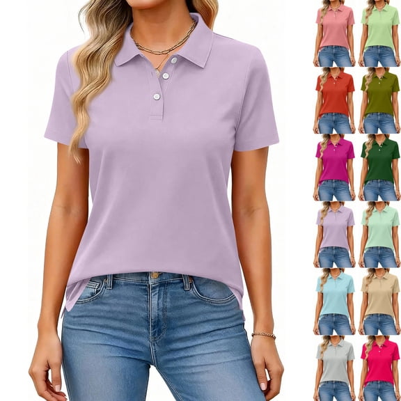 bbyeadc Purple Polo Shirts for Women Dress Henley Neck Short Sleeve Shirt Button Up Collared Polo Shirt Solid Summer Tops, Light Purple M