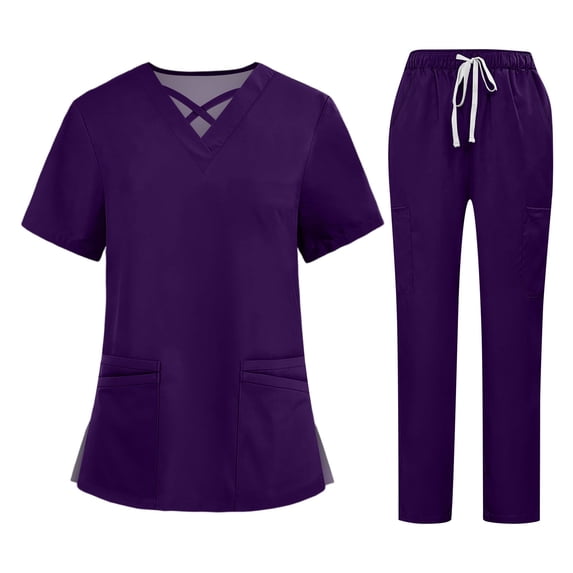 bbyeadc Purple Scrubs for Women Plus Size Nurse Uniforms Stretchy V Neck Criss Cross Scrub Pants and Tops Medical Scrub Sets Scrubs Uniformes De Enfermeras De Mujer, Purple S