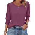thumbnail image 1 of bbyeadc Red Blouses for Women Round Neck Smocked Cuff Ruched Shirts 3/4 Sleeve Dressy Casual Loose Basic Trendy Tops Summer Basic Business Tshirts Clothes, Wine L, 1 of 7