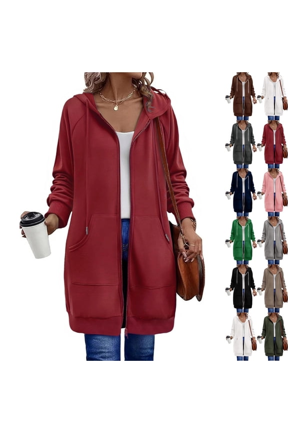 Red Long Hoodies for Women Oversized Long Tunic Sweatshirts Casual Lightweight Zip Up Hoodie Women Fall Jacket Coat Fashion Fleece Hoodie with Pockets, Red L