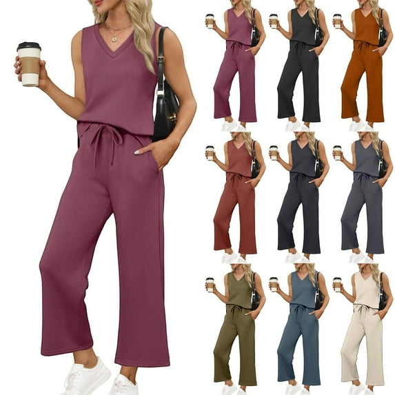 bbyeadc Red Two Piece Sets for Women Summer V Neck Sleeveless Casual Womens Travel Outfit for Airplane Wide Leg Drawstring Matching Sets Women Soft Concert Outfits for Women, Vermilion S