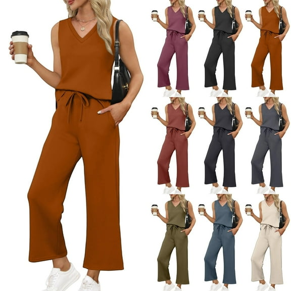 bbyeadc Red Two Piece Sets for Women Summer V Neck Sleeveless Lounge Travel Set Womens Clothing Wide Leg Drawstring Matching Sets Women Soft Sets for Women Clothing, Saffron 2XL