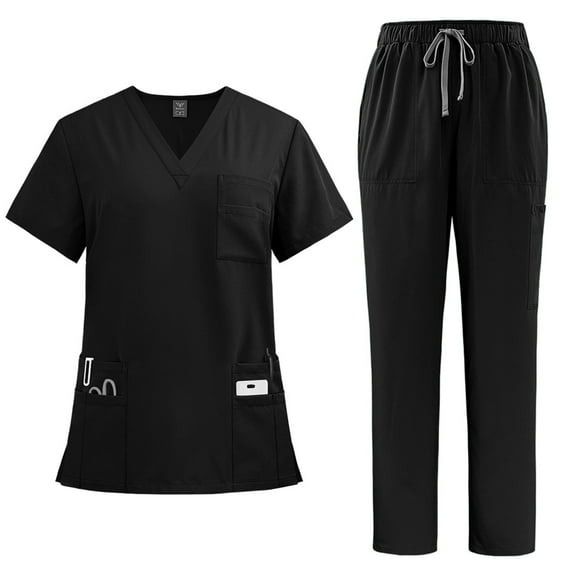 bbyeadc Scrubs for Women Plus Size Medical Scrubs Stretchy V Neck Scrub Tops and Cargo Pants Scrubs Sets Nursing Uniforms with Pockets, Black 2XL