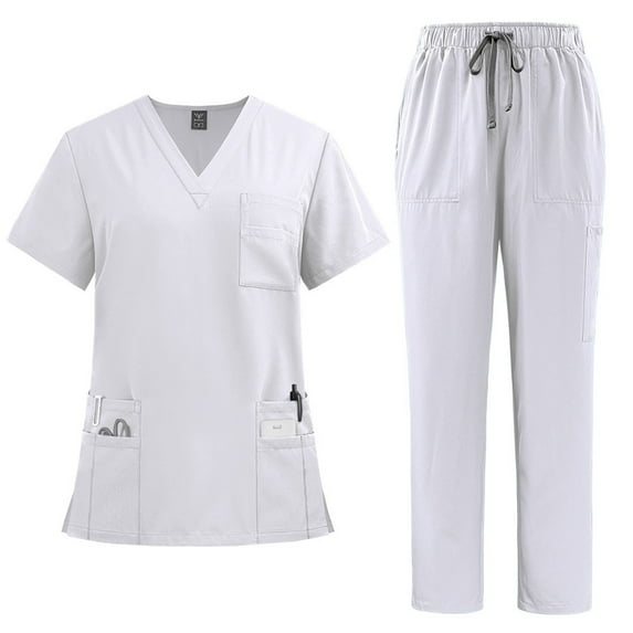 bbyeadc Scrubs for Women Plus Size Nursing Scrubs Stretchy V-Neck Cargo Scrub Pants and Tops Scrub Sets Medical Scrub Sets with Pockets, White S