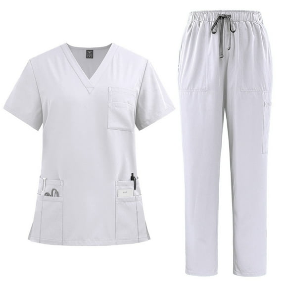 bbyeadc Scrubs for Women Plus Size Nursing Scrubs Stretchy V-Neck Cargo Scrub Pants and Tops Scrub Sets Medical Scrub Sets with Pockets, White S