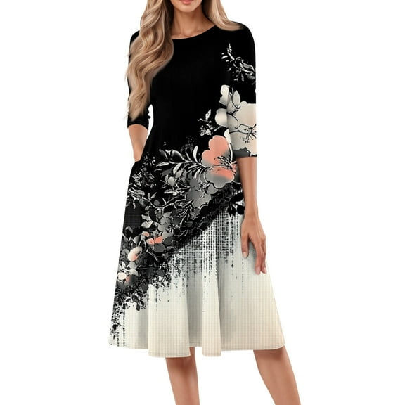 bbyeadc Spring Dresses for Women 2025 Casual Crewneck 3/4 Sleeve A Line Dress Vintage Loose Midi Dresses with Side Pocket Beach Sundresses Floral Print Dress, Black XL