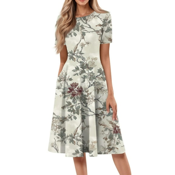 bbyeadc Spring Dresses for Women 2025 Loose Casual Mid-Length Dresses Vintage Short Sleeve Round Neck A Line Dress Beach Floral Print Sundresses with Side Pocket, Khaki M