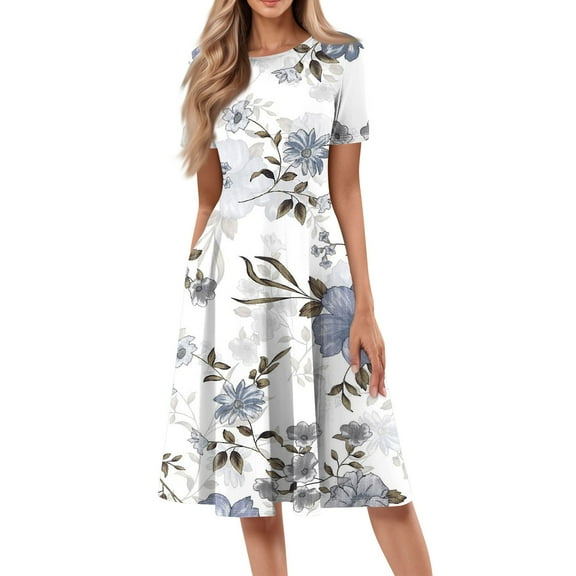 bbyeadc Spring Dresses for Women 2025 Loose Casual Midi Dresses Vintage Short Sleeve Round Neck A Line Dress Beach Floral Print Flowy Sundresses with Side Pocket, Light Purple 3XL