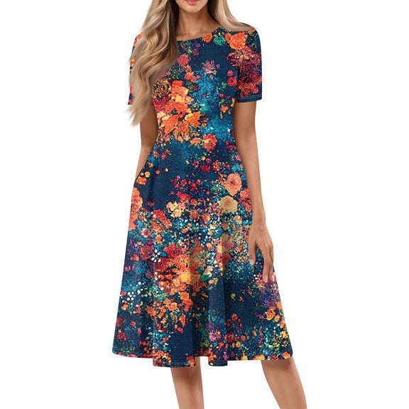 bbyeadc Spring Dresses for Women 2025 Vintage Short Sleeve Crewneck Mid-Length Dresses with Side Pocket Casual Loose A Line Dress Beach Floral Print Flowy Sundresses, Dark Blue 3XL