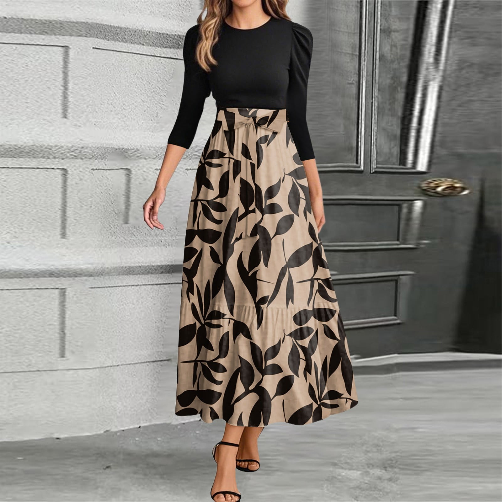 Spring/Summer Ruffled Mid Sleeve Printed Women'S Dress With Loose Pleated Dress