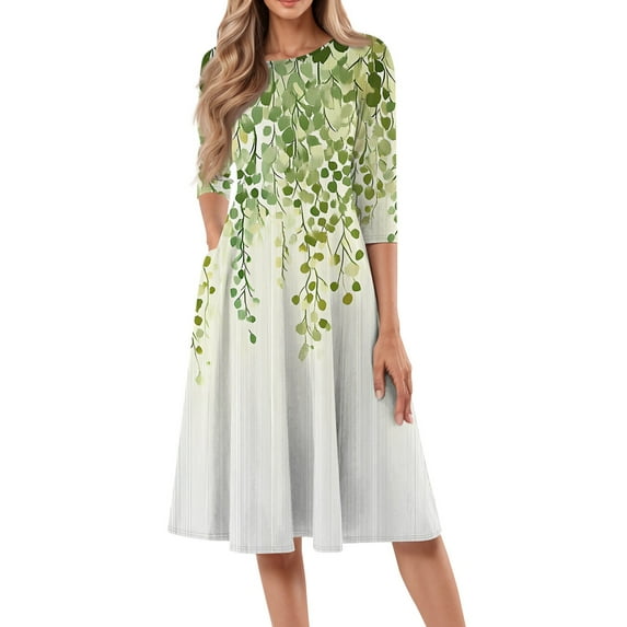 bbyeadc Spring Midi Dresses for Women 2025 Casual Crewneck 3/4 Sleeve A Line Dress Vintage Loose Mid Length Dresses with Side Pocket Beach Sundresses Floral Print Dress, Green 2XL