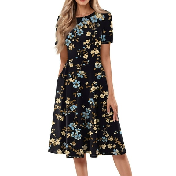 bbyeadc Spring Midi Dresses for Women 2025 Casual Crewneck Short Sleeve A Line Dress Boho Loose Mid-Length Dresses with Side Pocket Beach Flowy Floral Print Sundresses, Blue 3XL