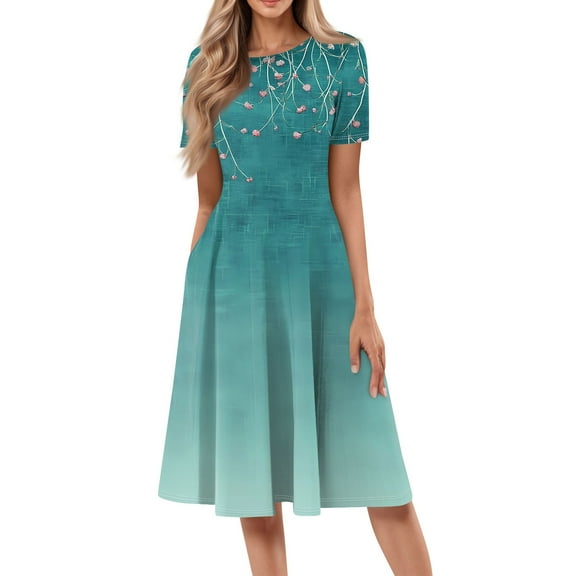 bbyeadc Spring Midi Dresses for Women 2025 Casual Round Neck Short Sleeve A Line Dress Boho Loose Mid Length Dresses with Side Pocket Beach Flowy Floral Print Sundresses, Green 3XL