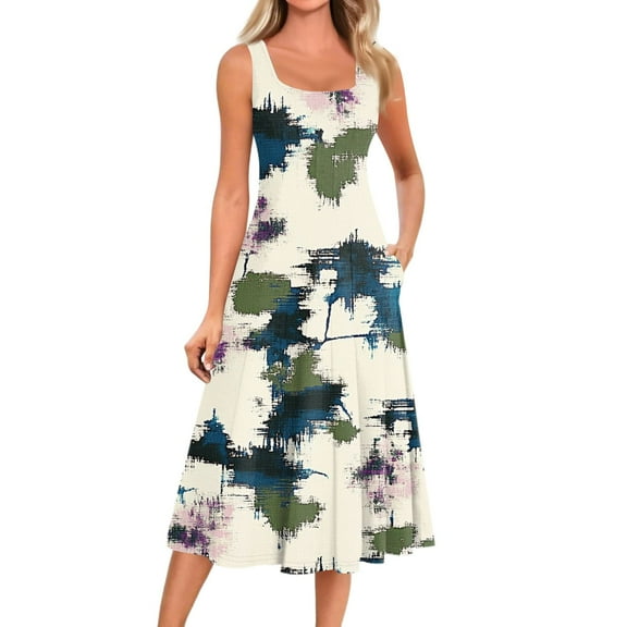 bbyeadc Spring Midi Dresses for Women 2025 Loose Fit Casual Mid-Length Dresses Vintage Sleeveless Crewneck A Line Dress Beach Floral Print Sundresses with Side Pocket, Beige XL