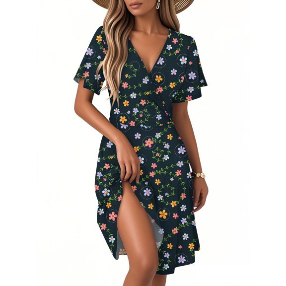 bbyeadc Spring Midi Dresses for Women Trendy Date Night Wrap V Neck Maxi Dresses Plus Size Ruffle Short Sleeve Wedding Guest Dress Summer Casual Flowy Boho Outfits, Navy 2XL