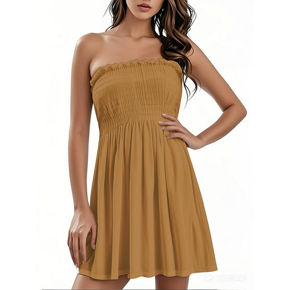 bbyeadc Summer Dress for Women Beach Boho Strapless Cover Ups off Shoulder Smocked Tube Top Sundresses, Light Brown 3XL