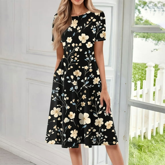 bbyeadc Summer Dresses for Women 2025 Boho Short Sleeve Crewneck Midi Dresses with Side Pocket Casual Loose A Line Dress Beach Floral Print Sundresses, Black 2XL